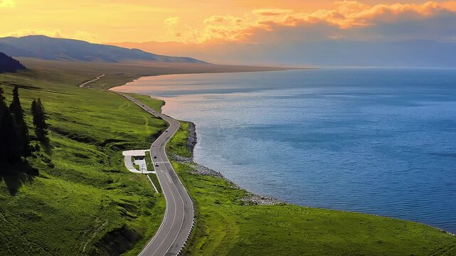 Aerial view of the road along Sayram Lake in Xinjiang, China, under the sunset