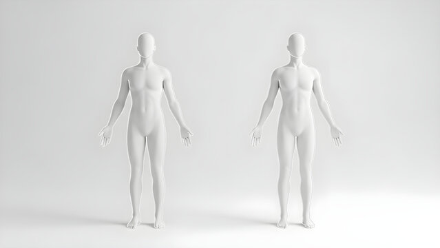 Two blank white human mannequin figures standing in a symmetrical pose isolated against a clean minimalist studio background