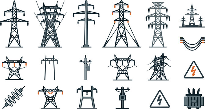 High Voltage Transmission Tower and Electrical Grid Infrastructure Vector Icon Set Featuring Power Lines Pylons Transformers and Energy Warning Symbols