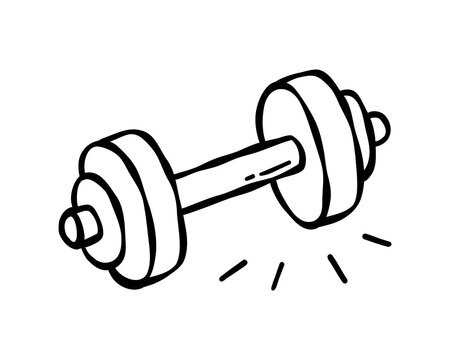 Hand drawn dumbbell with rounded weight plates representing physical activity fitness strength exercise training movement and active wellbeing in a minimal doodle style. Vector illustration.