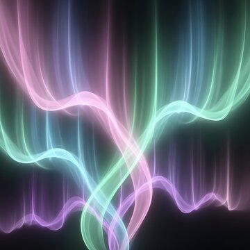 Abstract digital art of glowing neon hands reaching together.