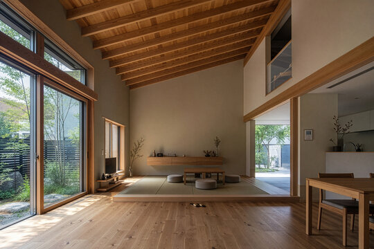 勾配天井に梁を見せた開放的な和モダンリビング、庭とロフトへの視線が抜ける住まい

Modern Japanese living room with a high vaulted ceiling and exposed wooden beams, open sightlines to the garden and a loft above
