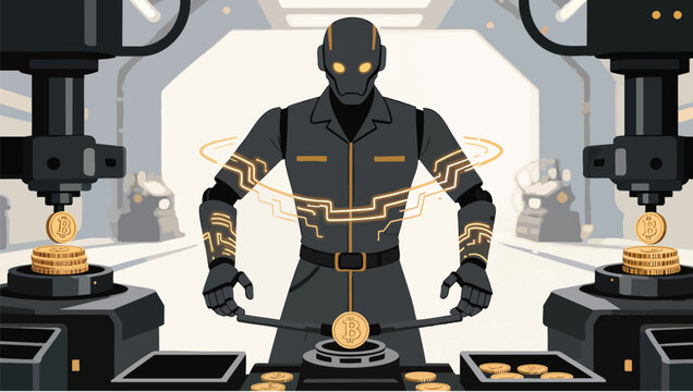 Central robot overseeing automated production of golden figures in a factory.