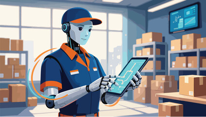 Fototapeta premium Pixel robot delivery worker holding tablet in warehouse.