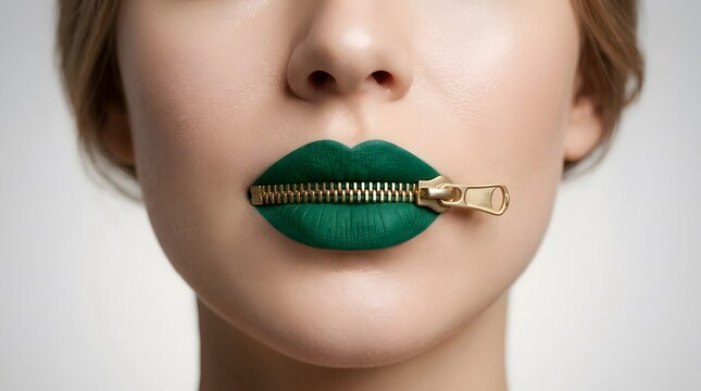 Conceptual portrait of a woman with green lips zipped shut