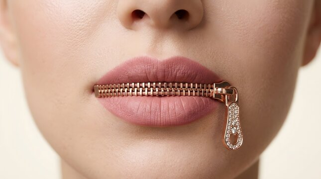 Portrait of a woman with a zipper over her natural lips