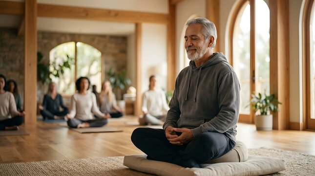 Group of people meditating together in a peaceful yoga class