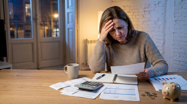 Stressed woman calculating home finances at night, reviewing bills and expenses with a calculator, piggy bank, and coins on a wooden table, representing debt, inflation, and budget crisis
