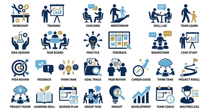 Workshop and training concept icons set with coaching, mentorship, feedback, goal tracking designs