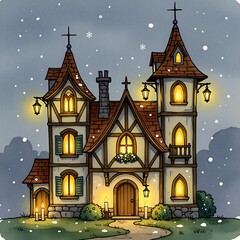 Obraz premium Fairytale house with two towers and glowing windows. Winter scene with falling snow and lit candles outside. Storybook architecture with charming details invites cozy feelings.