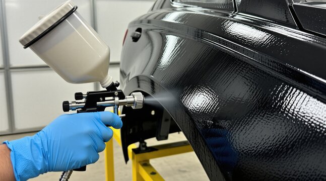 Worker sprays black gloss paint onto car fender using spray gun. Hand wears blue glove for protection. Automotive refinishing process in clean workshop.