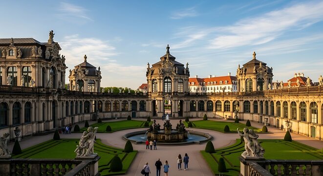 Historic European palace with ornate gardens and fountains.