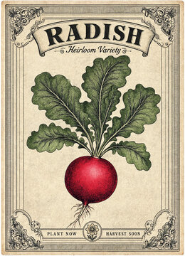 Vintage heirloom radish seed packet illustration with detailed root vegetable drawing and ornate borders