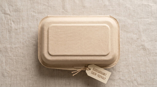 Biodegradable packaging container on a natural fabric surface