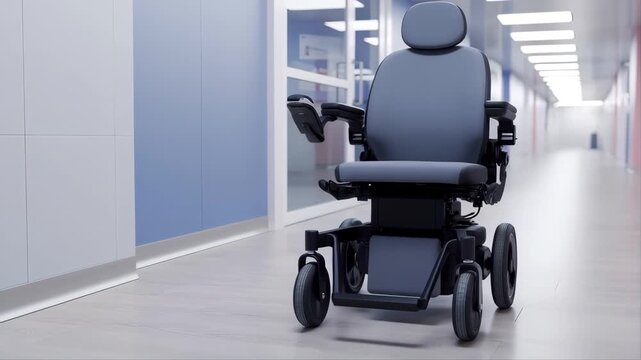 Wheelchair with Robotic Styling Moving Smoothly Through a Modern Hospital Corridor, Futuristic Assistive Technology Concept