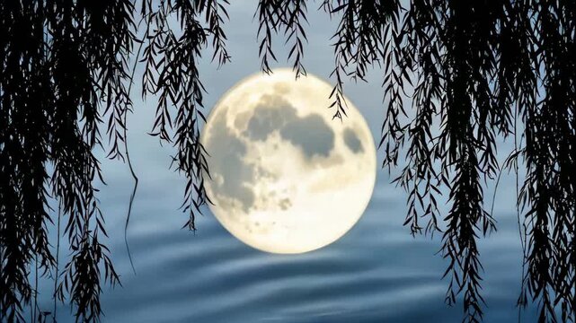 Bright Full Moon Framed by Weeping Willow Branches, Chinese Moonlit Night Scene
