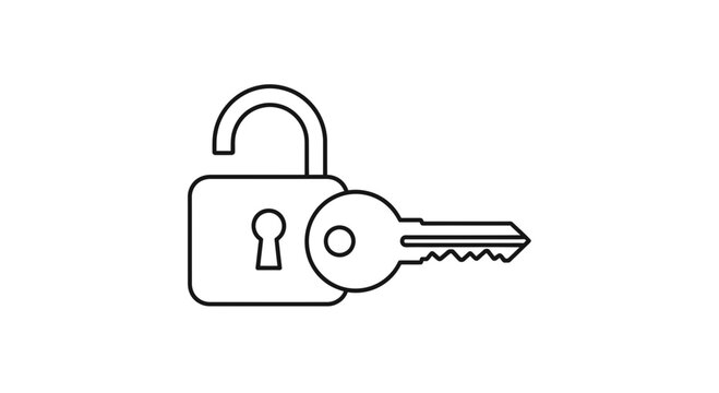 Open padlock and key symbol security access concept on white background