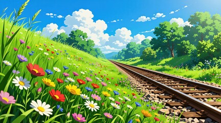 Obraz premium Railroad tracks run through green meadow bursting with colorful wildflowers under bright blue sky with fluffy white clouds. Trees line horizon creating scenic countryside path. Scene evokes peace,