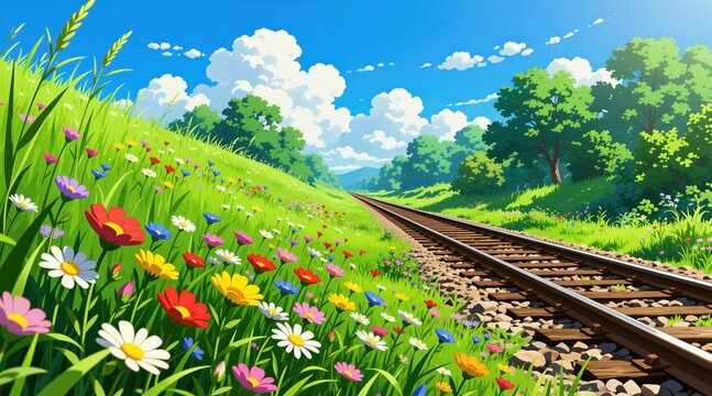 Railroad tracks run through green meadow bursting with colorful wildflowers under bright blue sky with fluffy white clouds. Trees line horizon creating scenic countryside path. Scene evokes peace,