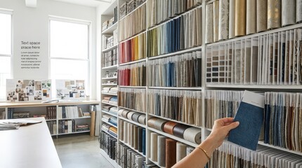 Obraz premium A hand selects a sample from an organized material library, interior design resources, architecture planning, creative workspace, product selection, design inspiration.