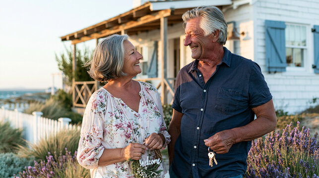 A smiling elderly Caucasian couple in their late 60s stands center frame before a charming whitewashed seaside cottage with blue shutters and a wooden porch, the woman in a soft fl