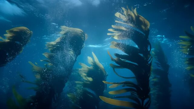 Magnificent Massive Underwater Kelp Forest with Sunlight Filtering Through the Water and Bubbles Rising