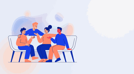 Obraz premium Flat vector illustration of a diverse group socializing on a bench with ample copy space.