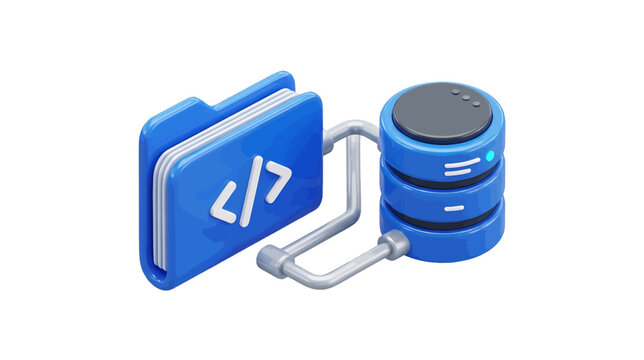 Vector illustration of 3d icon of a code folder connected to a database server on a transparent background