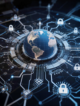 Global Network Security: A digital illustration depicts the Earth encircled by interconnected circuits and secured by padlocks, symbolizing worldwide data protection and cybersecurity.