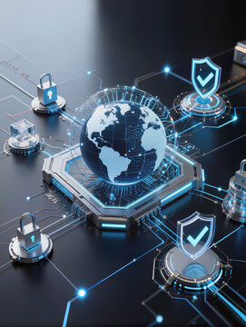 Global Network Security: A futuristic visualization of global network security, with a glowing Earth at its center, surrounded by digital shields, padlocks, and intricate circuit pathways.