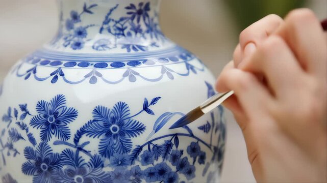 Vase Being Painted with Intricate Blue Floral Designs by a Ceramic Artist Featuring Painting, Pottery, Craft with Art and Decoration Elements