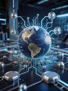 Global Network Technology: A stylized representation of Earth, adorned with glowing circuits and interconnected nodes, symbolizes the intricate web of global technology and digital communication.
