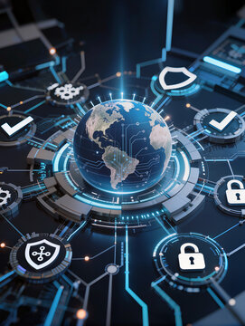 Global Network Security: An intricate digital network encircles a luminous globe, adorned with security icons like shields, locks, and checkmarks, representing a sophisticated cybersecurity system.