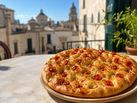 Pizza se encuentra en una mesa con vista a edificios antiguos en una calle concurrida durante el d&iacute;a