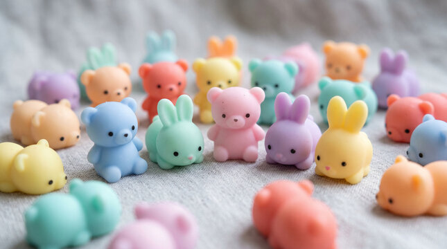 Collection of colorful soft animal squishy toys on fabric.