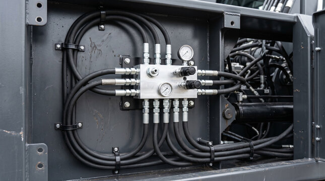 Complex industrial hydraulic system manifold with multiple black hoses and connectors.