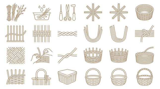 Clean Minimalist Line Drawing Set of Wicker Weaving Tools Materials and Baskets in Neutral Beige Color