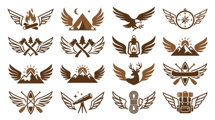 Professional Brown Camouflage Style Wings Emblems Featuring Camping Hiking and Adventure Icons with high quality professional line art symbols for modern creative design and digital branding projects © Prastiwik