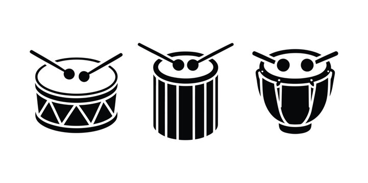 Black drum stick icon set, flat music band percussion symbol