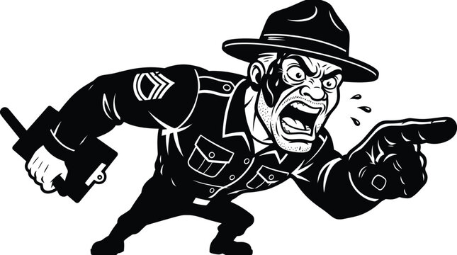 Angry drill sergeant shouting and pointing finger, aggressive military officer cartoon character screaming, army instructor line art illustration