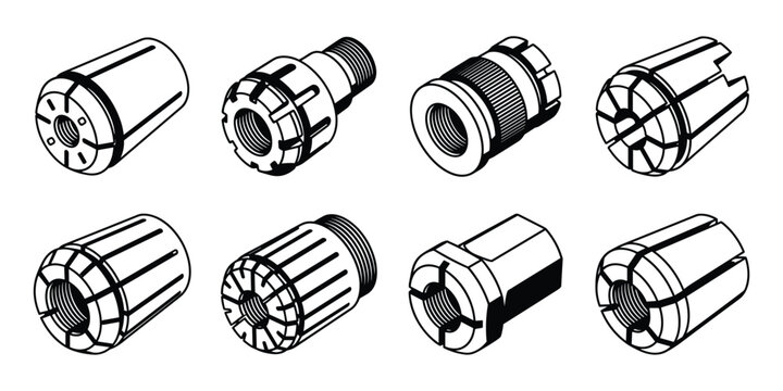 Collection of industrial collets and chucks for machining tools, metalwork equipment.