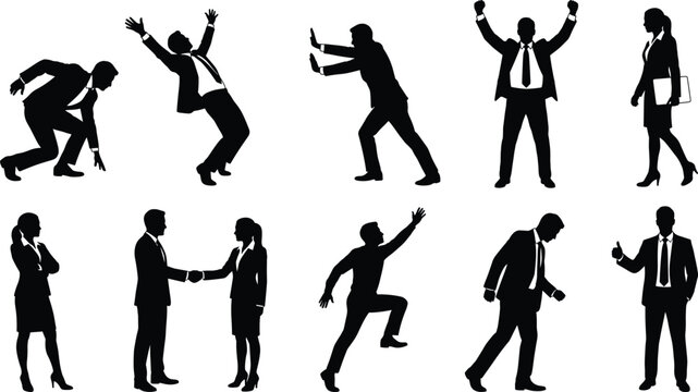 Business people silhouettes in action, corporate workers shaking hands, celebrating success, climbing ladder, pushing wall, walking, professional office employee collection