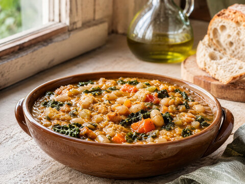 Comida casera en un taz&oacute;n de barro con verduras, legumbres y pan