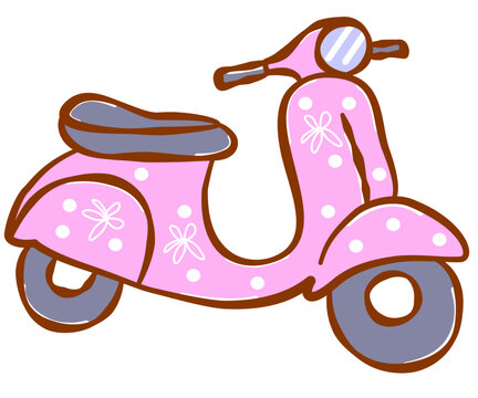 Cute pink retro scooter illustration with white polka dots and floral stripes on white background.