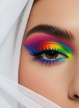 Woman eye with vibrant rainbow eyeshadow and full lashes. White veil covers face partially. Pro makeup artistry on skin. Creative beauty and style.