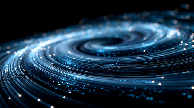 Against a backdrop of pure deep matte black, the main subject is a multitude of fine hair-like electric blue light trails, countless luminous cobalt lines flowing from the left cen