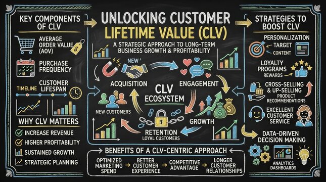 Customer Lifetime Value CLV Business Strategy Infographic with Marketing Growth and Retention Concepts