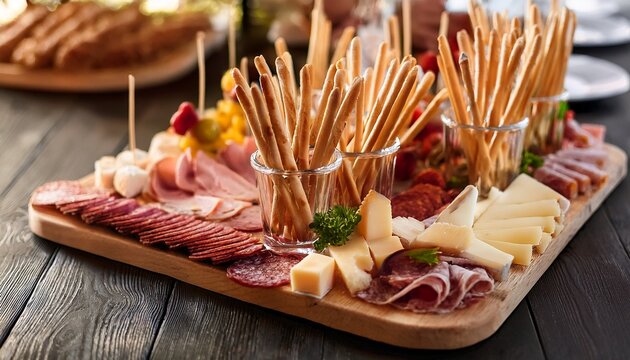 close up of a variety of bread sticks cold cuts and cheeses including salami ham brie and camembert served to guests buffet style as appetizers at a wedding reception or event