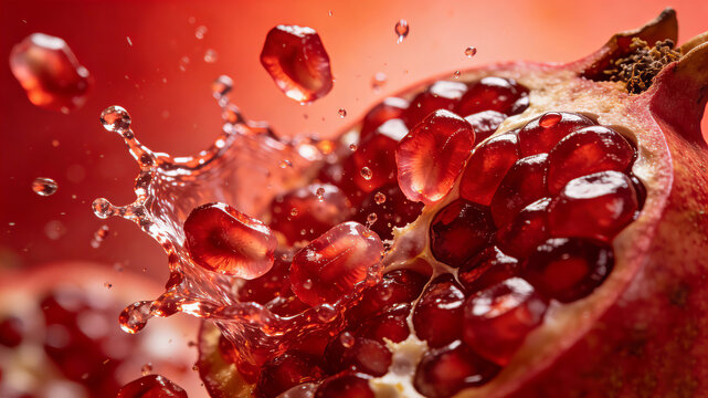 The juicy red pomegranate splashes with fresh juice, representing the concept of pomegranate polyphenols, antioxidant anti-aging and rejuvenating mature muscles
