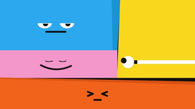Abstract character faces with moving eyes and colorful geometric blocks showing diverse emotional expressions for modern minimalist graphic design backgrounds with displays series minimalist